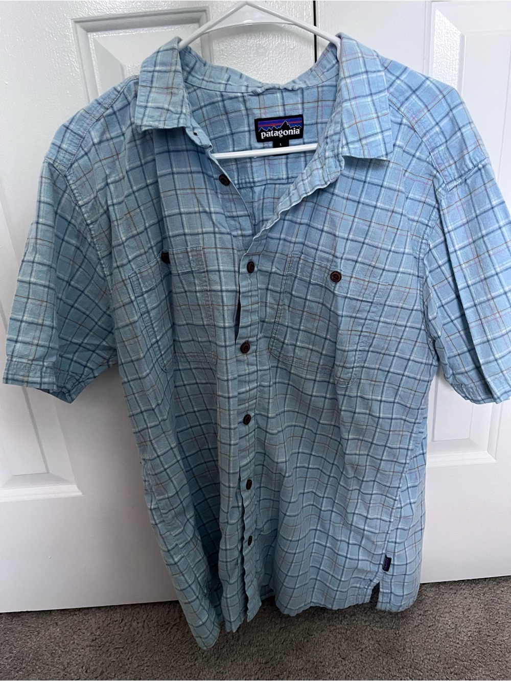 Patagonia Men’s Large Button up striped short sleeve shirt blue